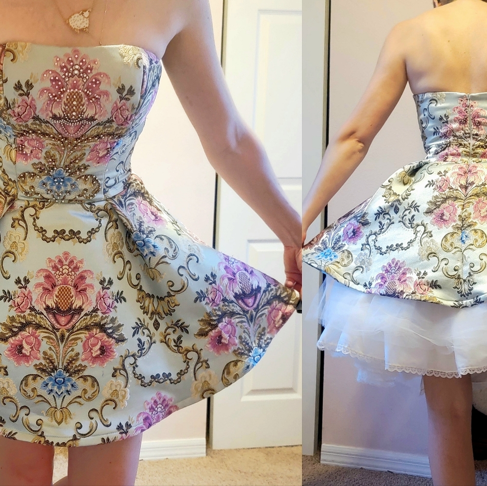 *Jovani Strapless Floral Mini Dress Rhinestones and Paisley Print* - Picture 2 of 11